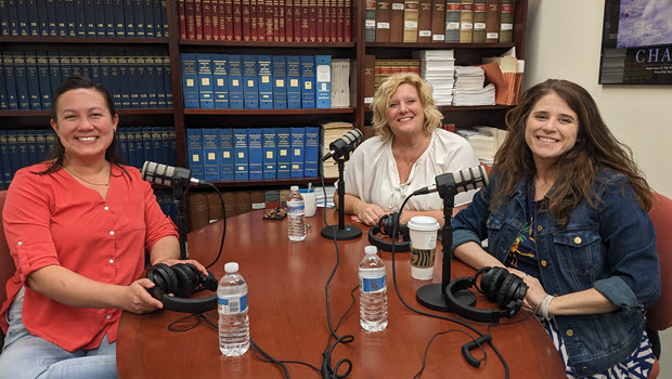 Kristen Basiaga, president of the Glastonbury Education Association, records a podcast episode with CEA President Kate Dias and Vice President Joslyn DeLancey.