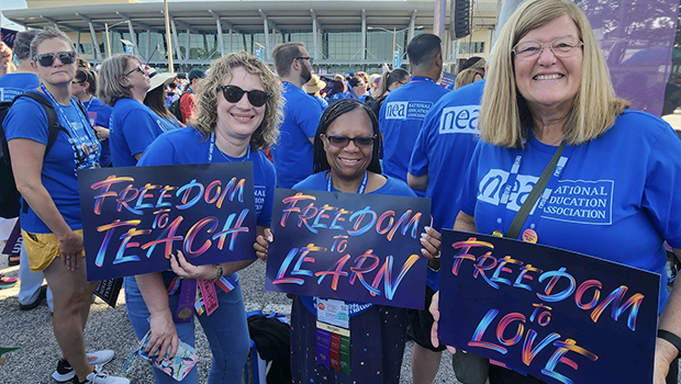 CEA members Kristen Record, Sandra Peterkin, and Katy Gale participate in NEA's Freedom Rally.