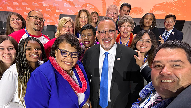 U.S. Education Secretary Miguel Cardona meets with teachers, includes members of Connecticut's delegation, at the NEA Representative Assembly.