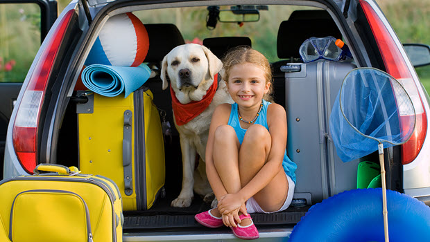 A girl and a Labrador retriever sit in the back of a car surrounded by suitcases, a beach ball, and fishing net.
